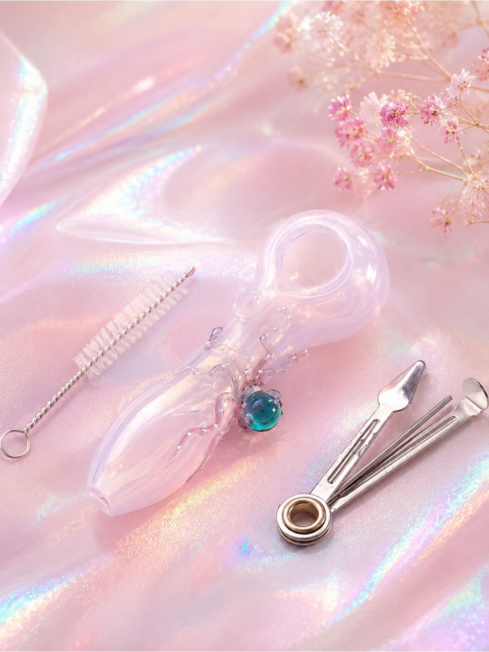 Iridescent Pink Glass Spoon trinket with octopus
